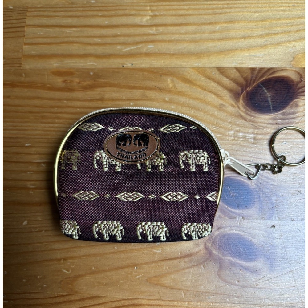 Thailand Elephant Coin Purse Small Wine/Gold Key Chain Souvenir Embroidered